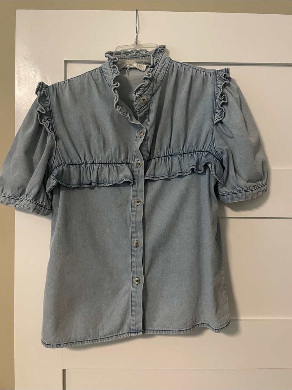 ANDREE BY UNIT Light Blue Ruffle Denim Blouse